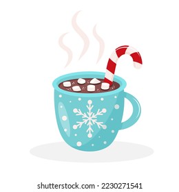 Winter coffee mug with snowflake ornament, steam, marshmallows and candy cane. Christmas hot drink isolated on white background.