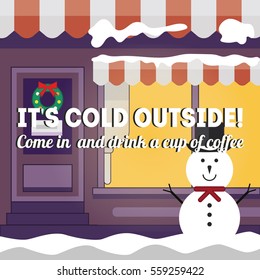Winter coffee shop poster with snowman vector illustration
