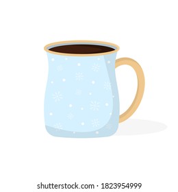 Winter coffee and tea. Collection Christmas funny cups. Christmas mugs with hot drink. Perfect for greeting cards, party invitations, posters, stickers, pin, scrapbooking, icons. Vector illustration.
