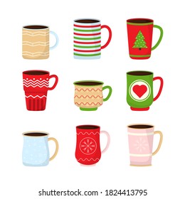 Winter coffee and tea. Collection Christmas funny cups. Christmas mugs with hot drink. Perfect for greeting cards, party invitations, posters, stickers, pin, scrapbooking, icons. Vector illustration.