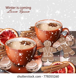 Winter coffee or tea and gingerbread cookies Vector realistic illustration