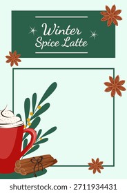 Cartaz de tempo de café de inverno com xícara de café picante de Natal, canela, anis estrelado, biscoitos com chocolate. Cartaz de bebida quente, cartão para projetos festivos oferecem. 