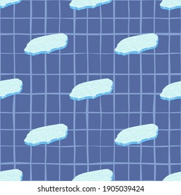 Winter cold climate seamless pattern with doodle ice floe print. Blue chequered background. Kids style. Designed for fabric design, textile print, wrapping, cover. Vector illustration