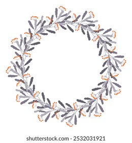 Winter cold floral wreath design featuring twigs and berry arranged in circular pattern against white background. Vector illustration