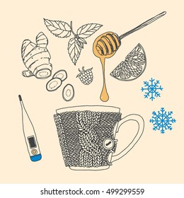 Winter. Cold. Hot drink. Healing herbal tea. Vector hand-drawn sketch.