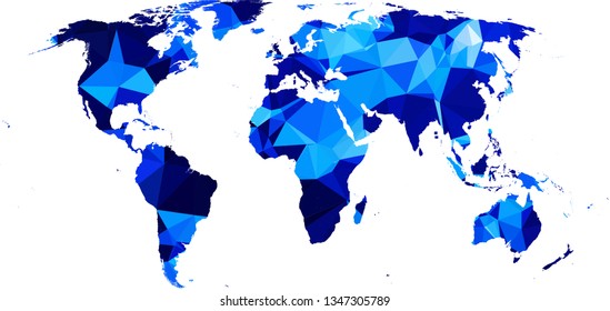 Winter Cold ice blue All World Map in Low Poly Style on isolated white background. Earth  area in Polygonal diamond style for your design.