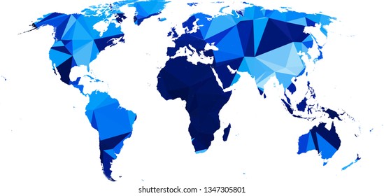 Winter Cold ice blue All World Map in Low Poly Style on isolated white background. Earth  area in Polygonal diamond style for your design.