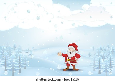 winter cold landscape with trees and Santa Claus at snowfall vector illustration