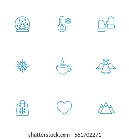 winter cold snow 9 line icons set blue on white background
