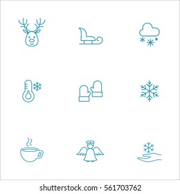 winter cold snow 9 line icons set blue on white background