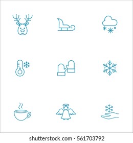 winter cold snow 9 line icons set blue on white background
