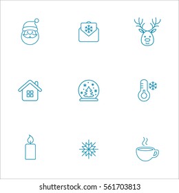 winter cold snow 9 line icons set blue on white background