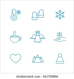 winter cold snow 9 line icons set blue on white background