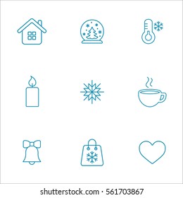 winter cold snow 9 line icons set blue on white background