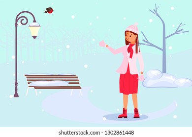 Winter cold and snowfall weather. Woman walking through a snow covered park. Flat Art Vector illustration