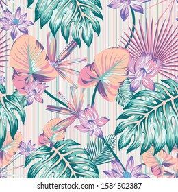 Winter cold style tropical flowers and leaves illustration Vector repeat pattern seamless floral wallpaper in abstract color stripe background. Trendy beach style exotic jungle creative template print