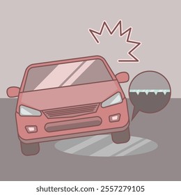 Winter cold wave black ice, icy road, traffic accident illustration