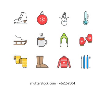 Winter, cold weather related line icons set with figure skating shoes, Christmas ball, snowman, thermometer, sleigh, coffee mug, hat, gloves, scarf, boots, sweater.