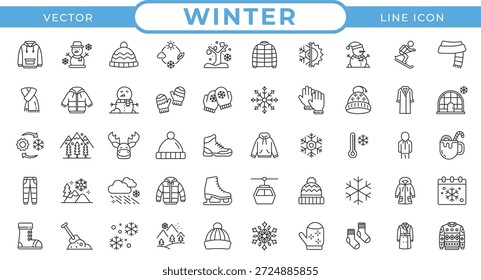 Winter and cold-weather vector line icon. Includes snowflake, snowman, mittens, scarf, ice skate, hot drink, frost, fireplace, and winter hat, ice skates, snowboard line icon set collection