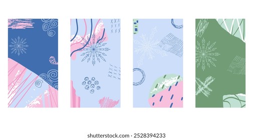Winter collage background set with abstract geometric shapes, snowflakes, and textured patterns in blue, pink, and green tones. Vector illustration.