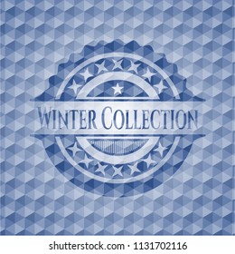 Winter Collection blue emblem with geometric pattern background.