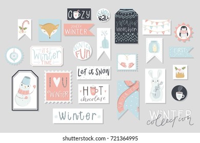 Winter collection of cards and gift tags set, cute hand drawn style. Set of printable kraft holiday stamps tags badge pins stickers greeting cards templates. Vector seasonal design illustrations