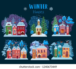 Winter collection of christmas houses. Cozy snow covered winter city. Countryside cottages in snow cold winter with elements of rural landscape in flat style. Cartoon snowy christmas street set.