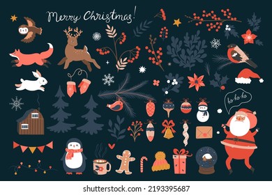 Winter collection of cute christmas elements. Vector graphics.