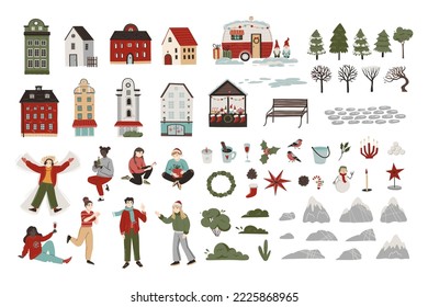 Winter collection with decoration elements, colorful European buildings and people in warm clothes . Cartoon flat illustration. Christmas celebrating bundle