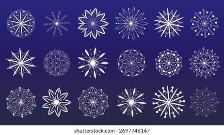 Winter collection of delicate white snowflakes on blue background. Set of delicate, graceful shapes, frosty patterns for New Year's and Christmas designs. Clip art snowflakes, vector elements