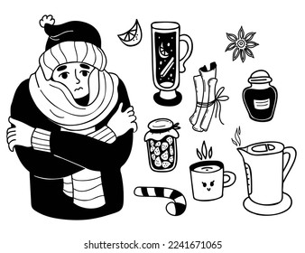 Winter collection doodles. sad man wrapped in scarf freezes and trembles. Nearby is hot wine, kettle of boiling water, cup, cinnamon sticks and jam, slice of lemon. Vector isolated outline drawns