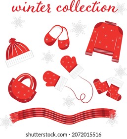 Winter collection of a festive annual red wardrobe with scarf, mittens, stockings, mittens, a bag and snowflakes on a white background vector illustration.