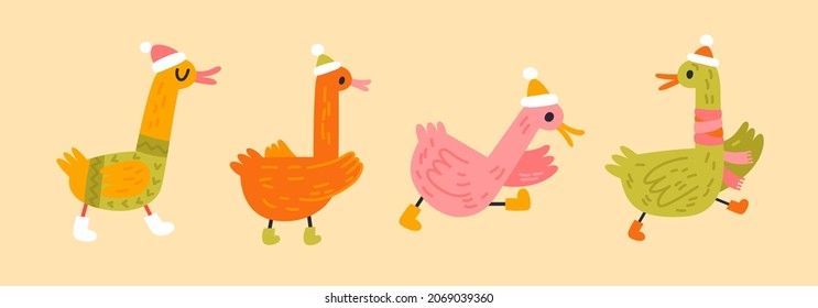 Winter collection with geese. Vector birds in winter clothes for decor, decoration