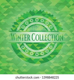 Winter Collection green emblem with triangle mosaic background. Vector Illustration. Detailed.