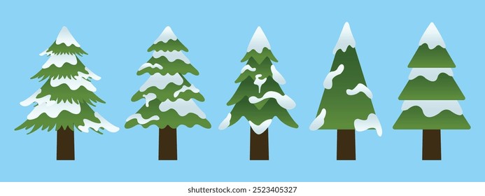 Winter Collection of Green Pine Tree with Snow on Blue Background
