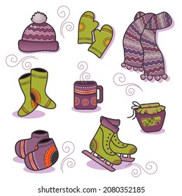 Winterkollektion. Ein Hut, ein Schal, Filzstiefel, Socken, Fäustlinge, Schlittschuhe, ein Glas Marmelade und ein heißes Getränk. Frohe Winterferien. Weihnachten. Neujahr. Winterspass. Vektorgrafik