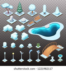 Winter collection of isometric trees, rocks, and different park objects. Vector isolated illustrations.
