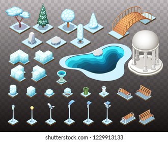 Winter collection of isometric trees, rocks, and different park objects. Vector isolated illustrations.