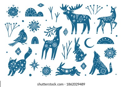 Winter collection of mystic blue animals. Hare, wolf, fox, deer, moose, bird, snowflakes. Celestial elements with ethnic doodles. Vector magic christmas set. Boho Woodland Wildlif. Esoteric concept