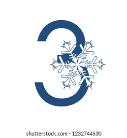 Winter collection of numbers - number 3. Snowflake font