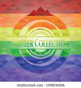 Winter Collection on mosaic background with the colors of the LGBT flag