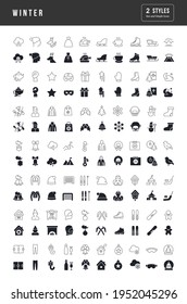 Winter. Collection of perfectly simple monochrome icons for web design, app, and the most modern projects. Universal pack of classical signs for category Seasons.