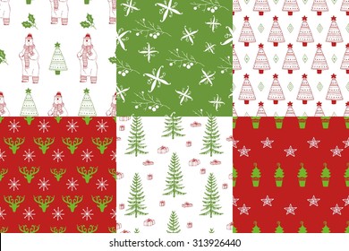 Winter collection of seamless patterns. Christmas collection. Polar bear, a sprig of holly, snowflakes, tree branch with balls, Christmas tree, crystals, reindeer, deer horns, gifts, stars.