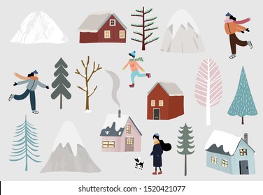 Winter collection set with home, snow, tree, people illustration for sticker, postcard, background, christmas invitation