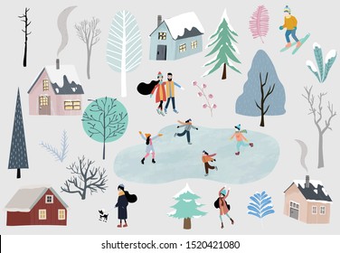 Winter collection set with home,snow,tree,people illustration for sticker,postcard,background,christmas invitation