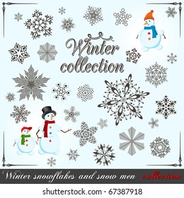 Colección de invierno. Juego de copos de nieve y hombres de nieve para tu diseño.