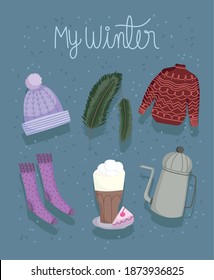 winter collection with sweater hat socks chocolate cup and teapot icons vector illustration