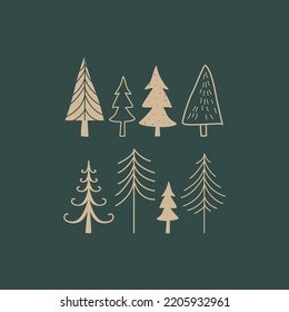 Colección de invierno con árboles aislados en fondo verde para pegatinas, postales, fondo, invitación de navidad, pancarta, afiches.