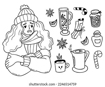 Winter collection. Unhappy girl freezing wearing and shivering. Nearby is hot wine, kettle of boiling water, cup, cinnamon and jam, piece of lemon. Vector isolated Outline drawn. doodles