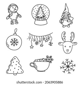 Winter collection of vector cute illustration. Snowball, snowman, gnome, ball, wreath, deer, Christmas tree, cap, snowflake. Graphics nice Illustration. For stickers, pattern, icon